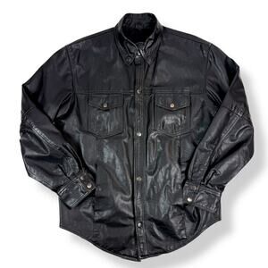 Vintage LEATHER KING Men's black genuine leather button down jacket shirt SMALL